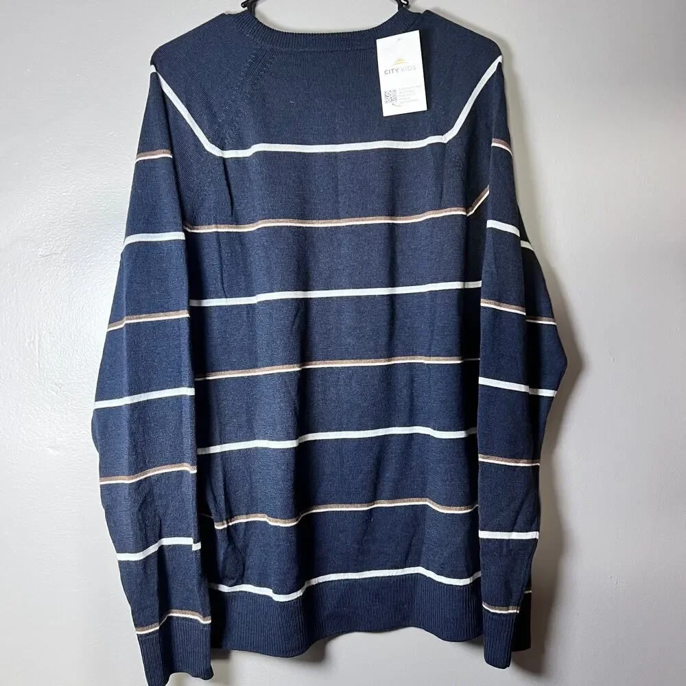 Banana Republic L Men’s Striped Crewneck Sweater Navy Blue Preppy Classic Knit